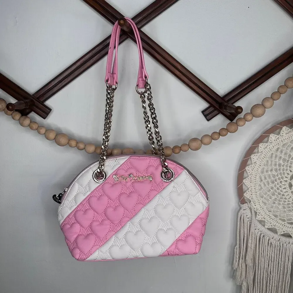 Betsey Johnson Quilted Pink White Heart Chain Strap Shoulder Bag